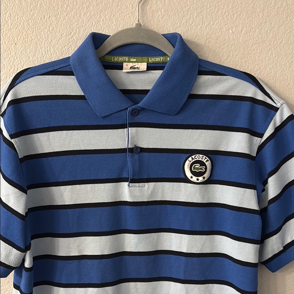 Lacoste Blue and Light Gray Polo with Stripes and Embroidered Logo Badge